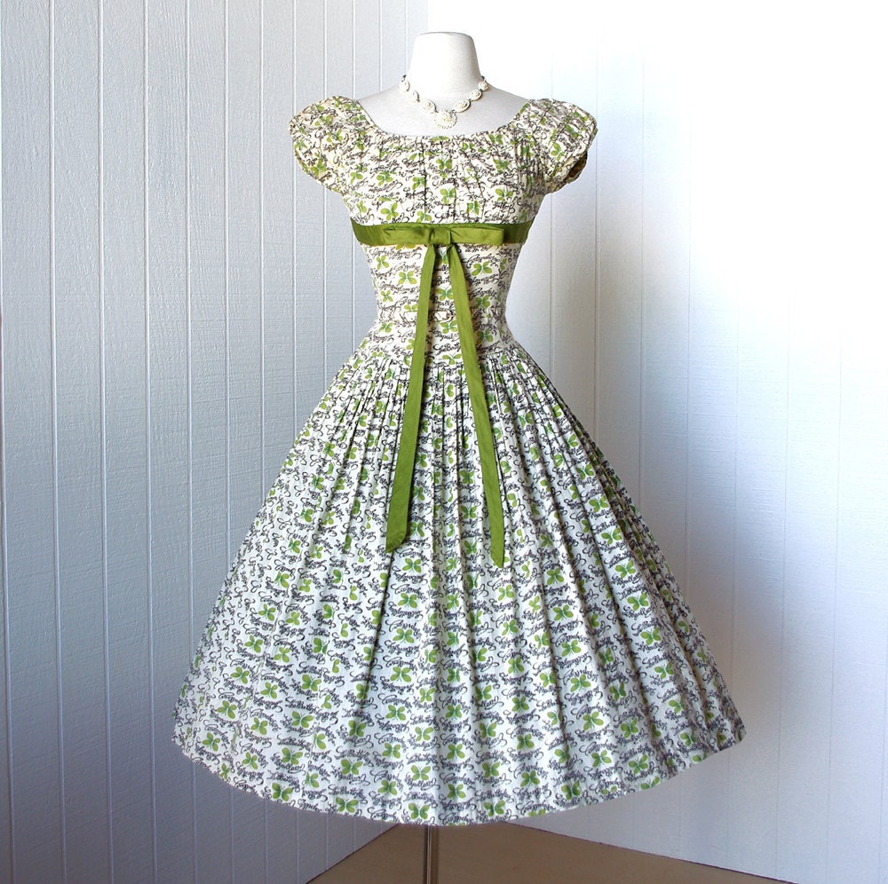 vintage 1950s dress ...fabulous french LE PAPILLON french novelty butterfly print full skirt pin-up dress with shelf-bust