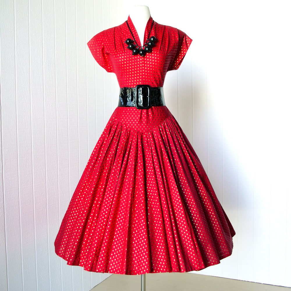 vintage 1940's dresss ...sizzlin' RED & GOLD POLKADOT forties crawford shoulders full skirt new look pin-up swing cocktail dress