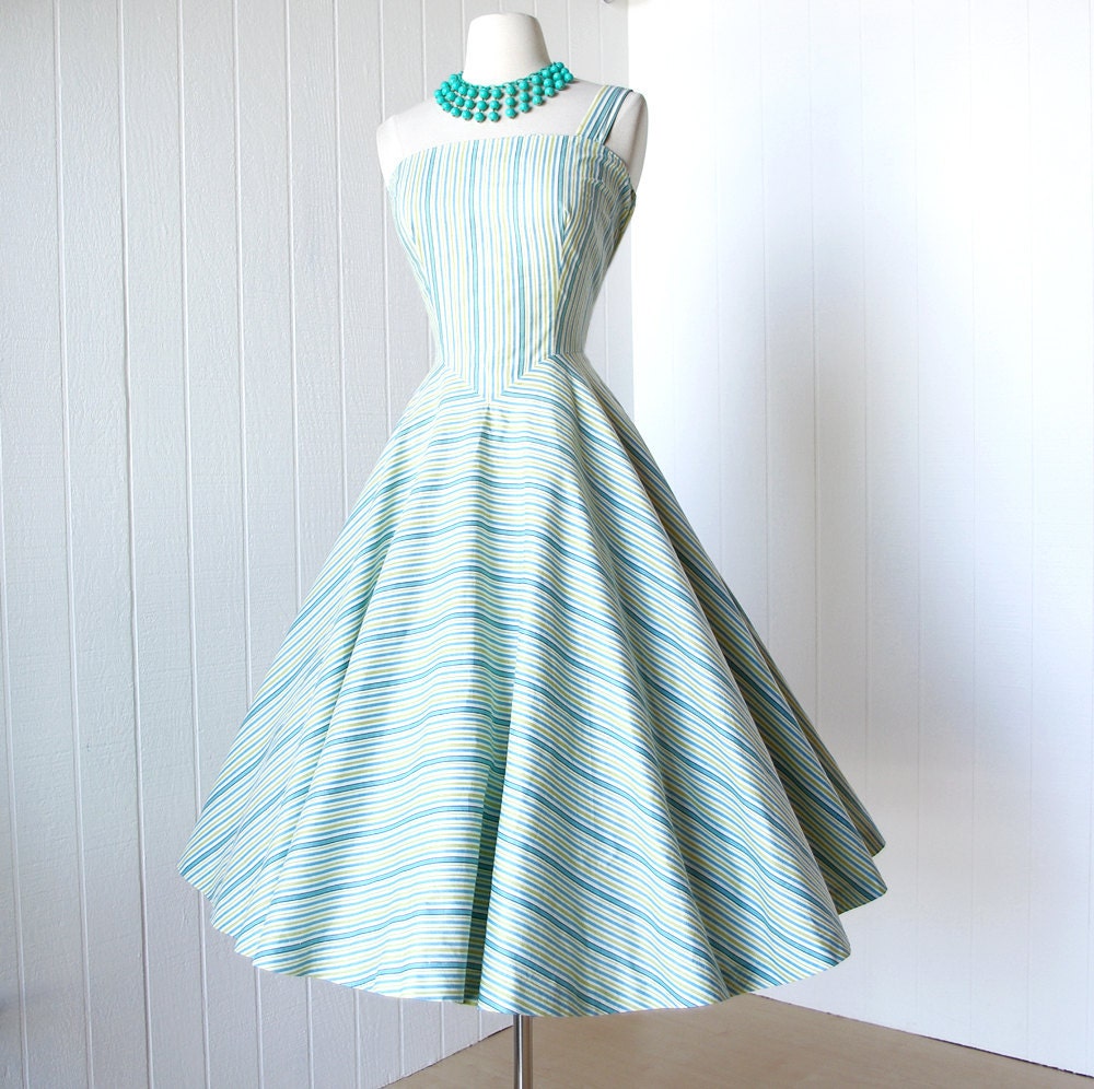 vintage 1950's dress ...best MR. MORT one shoulder asymmetrical crisp cotton striped full circle skirt pin-up party summer sun dress