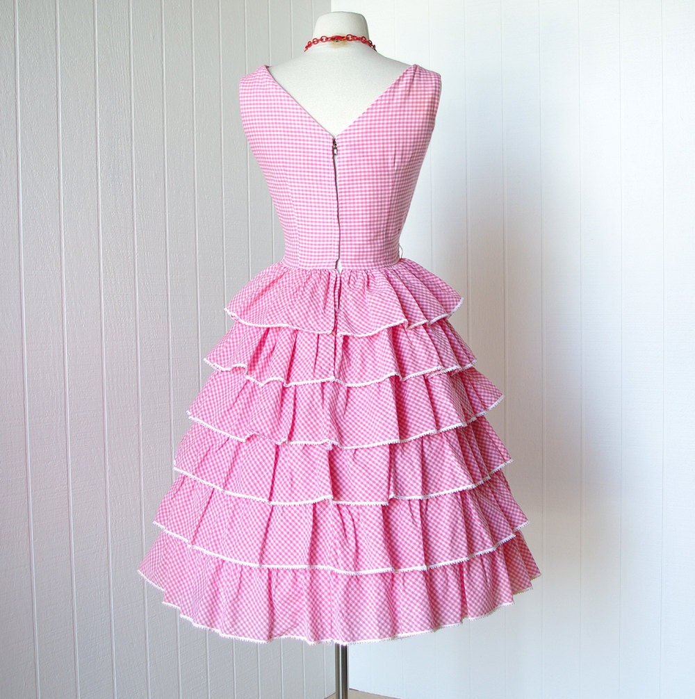 on HOLD vintage 1950's dress ... pretty in PINK GINGHAM ruffles crocheted trim full skirt pin-up party dress