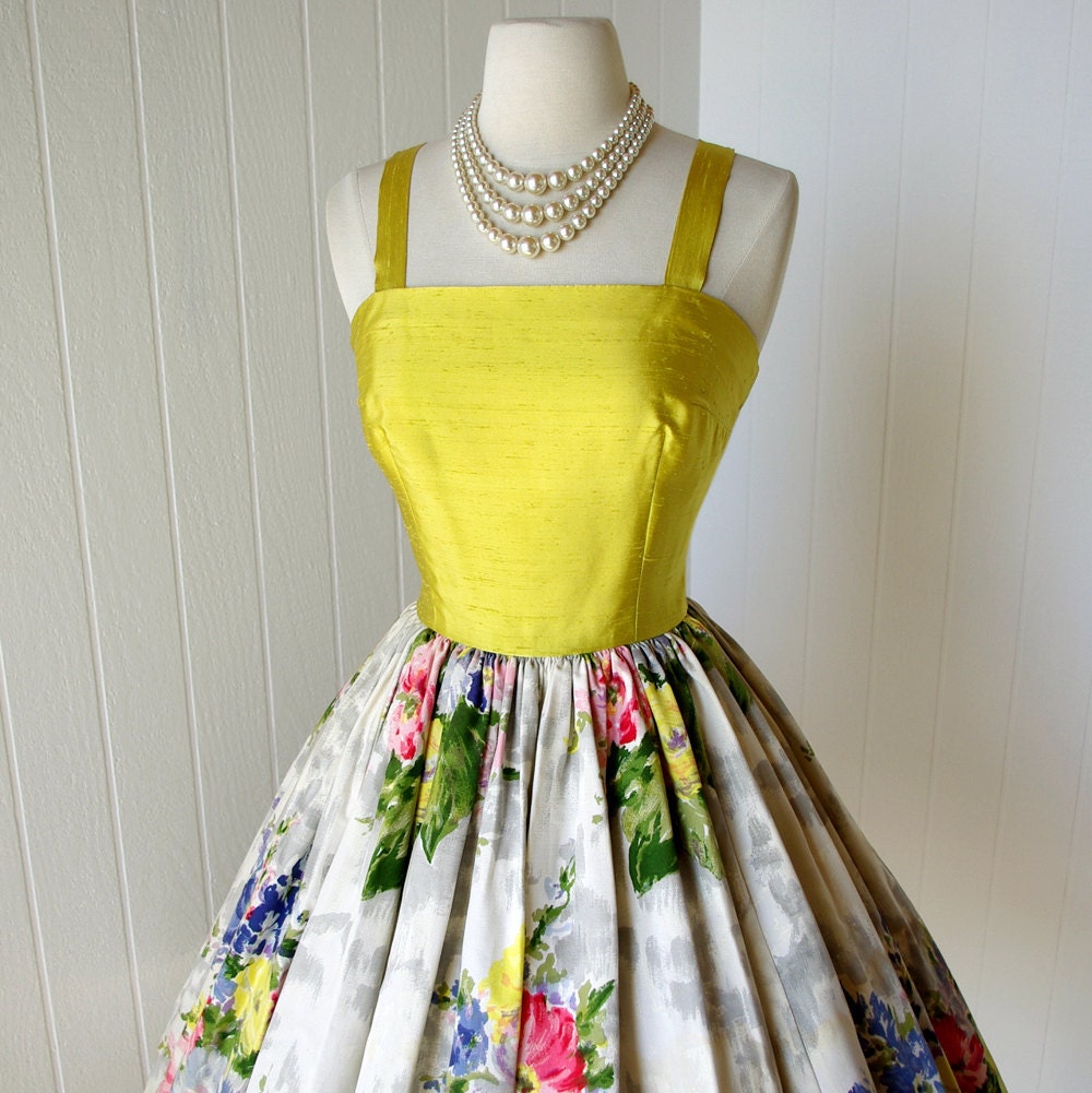 vintage 1950's dress ...made in france for SAKS FIFTH AVENUE gorgeous chartreuse shantung and floral cotton full skirt pin-up party dress