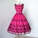 vintage 1950's dress ...exquisite FUSCIA CHIFFON with black flocked floral glitter scalloped full skirt pin-up cocktail dress