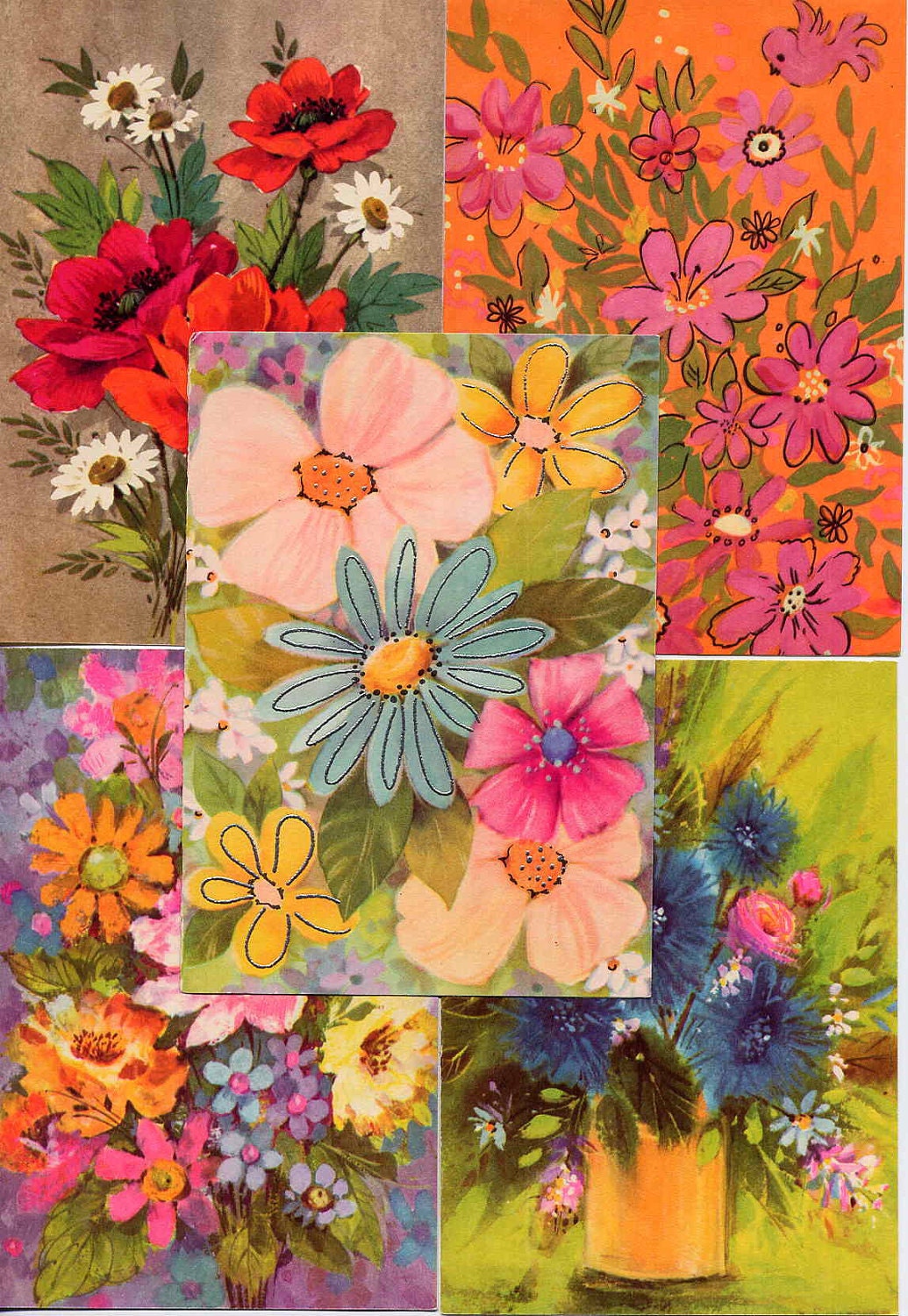 Bright Vintage Mod Flowers Colorful Floral Blank Note Cards--Unused Set of 5