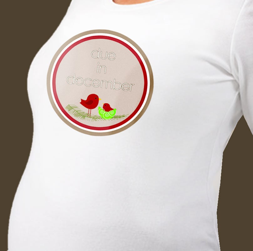 Due in December circle with red birdies maternity top LONG sleeve pregnancy or pregnancy announcement shirt
