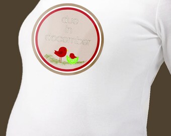 Due in December circle with red birdies maternity top LONG sleeve pregnancy or pregnancy announcement shirt