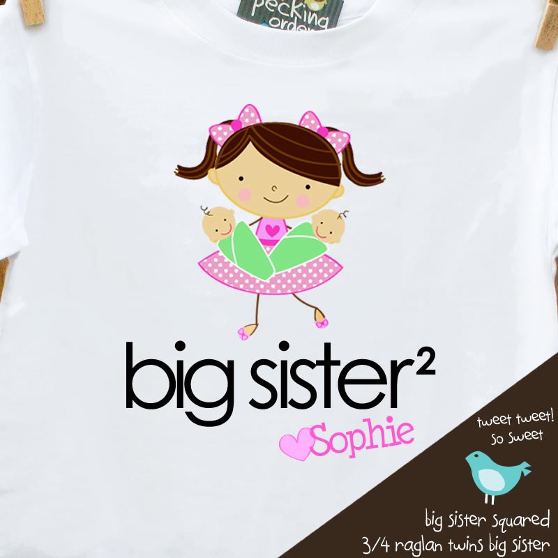 Big sister to twins squared personalized stick figure pregnancy announcement Tshirt