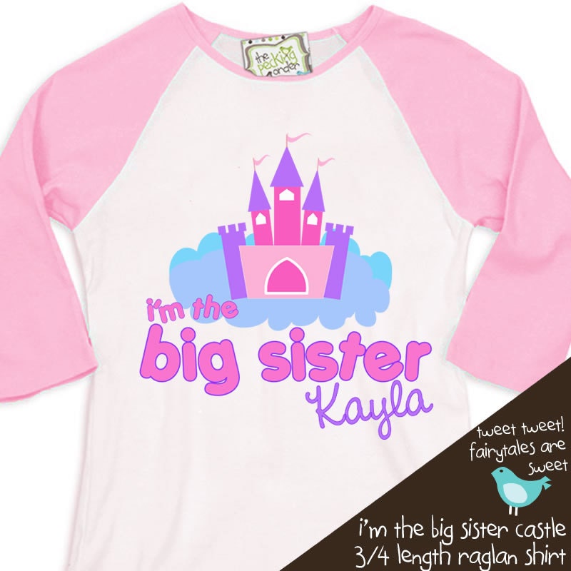Big sister shirt - personalized castle fairytale 3/4 pink white raglan tshirt for big sister