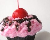 Cupcake Candle - Brownie Cake with Pink Frosting n' Shiny Red Cherry - chocolate & spicy sweet frosting scented