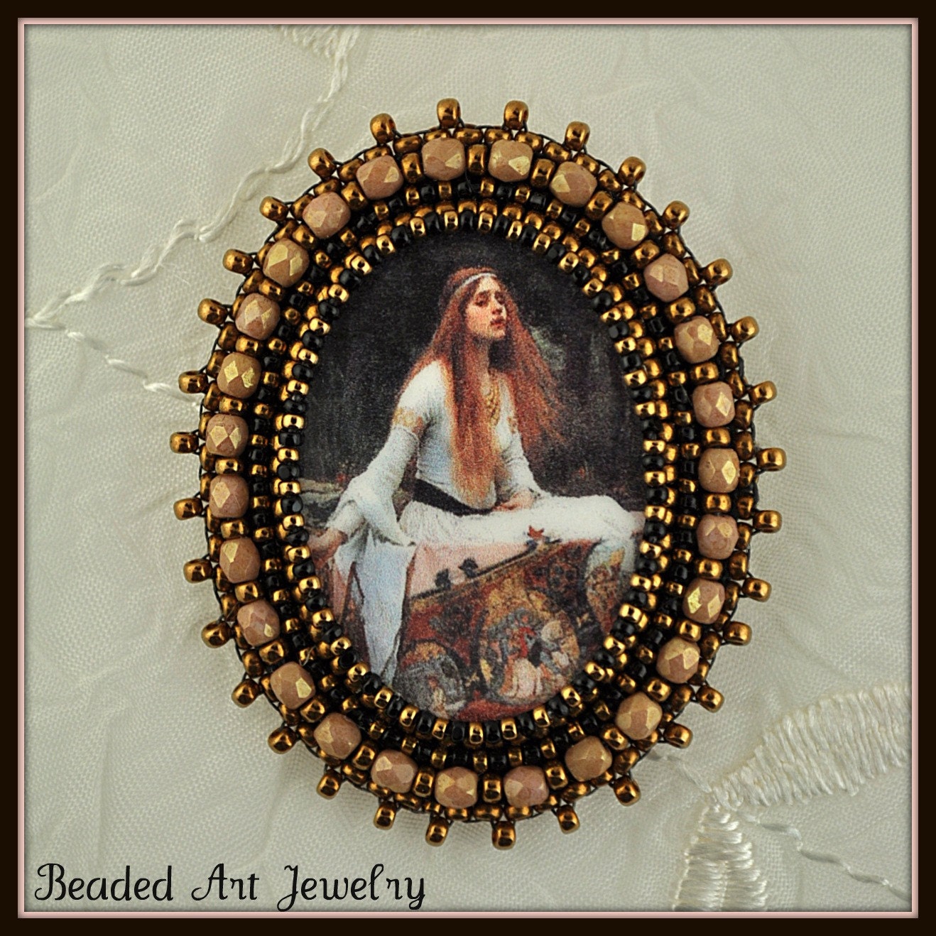 Bead Embroidered, Beaded, Beadwork "The Lady of Shalott" Brooch