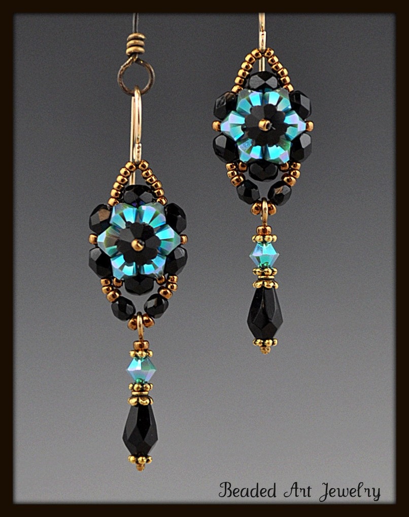 Beadwoven, Beaded, Beadwork Crystal Flower Earrings
