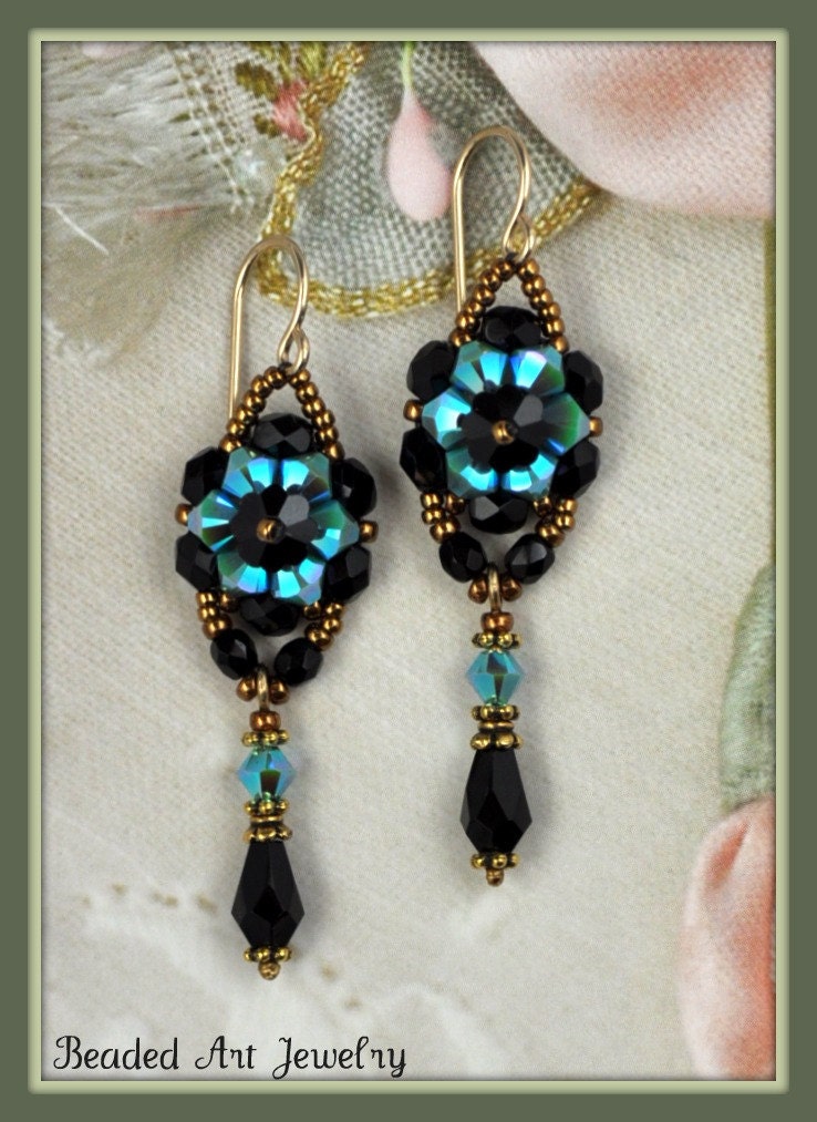 Beadwoven, Beaded, Beadwork Crystal Flower Earrings