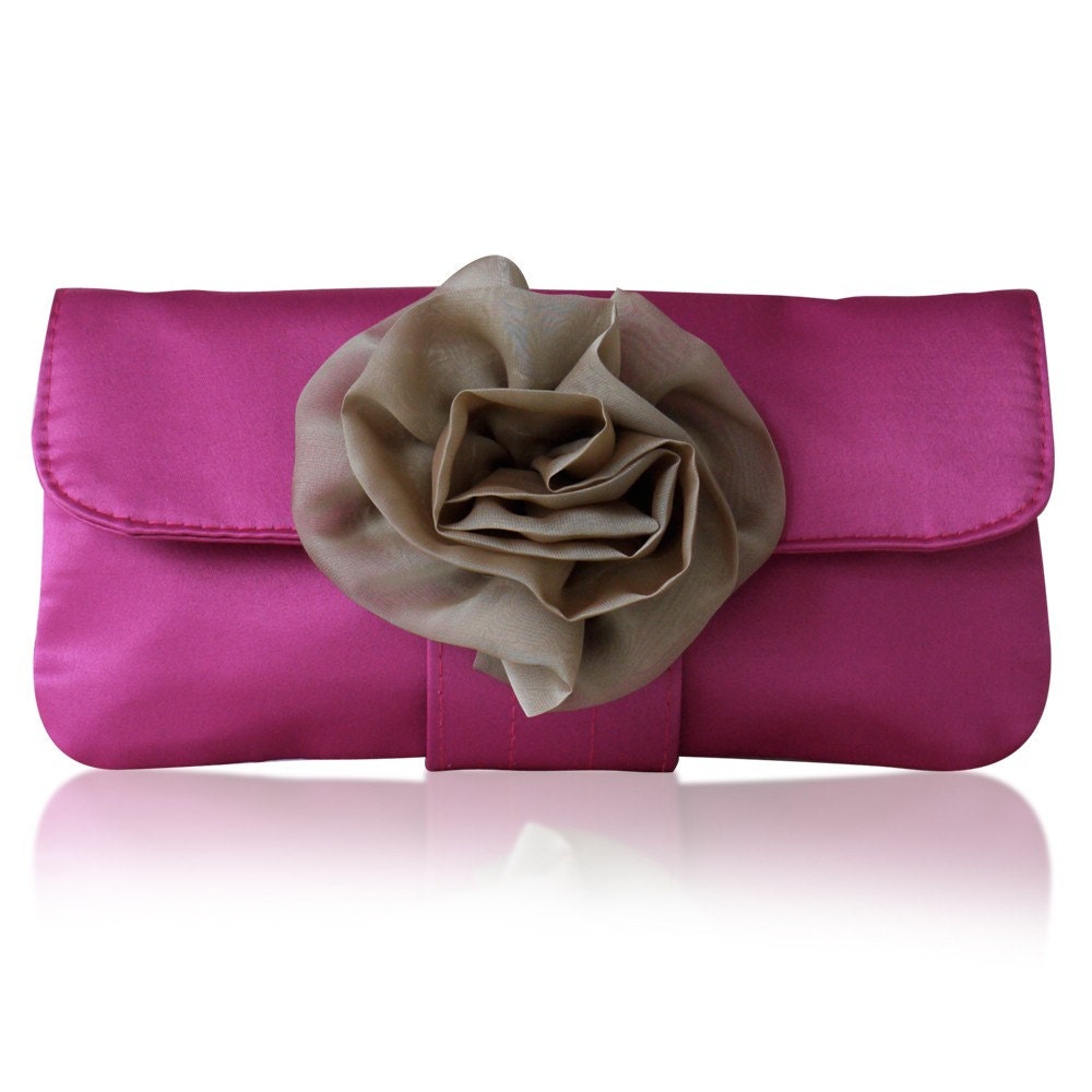 Fuchsia pink and champagne satin Eva clutch bag