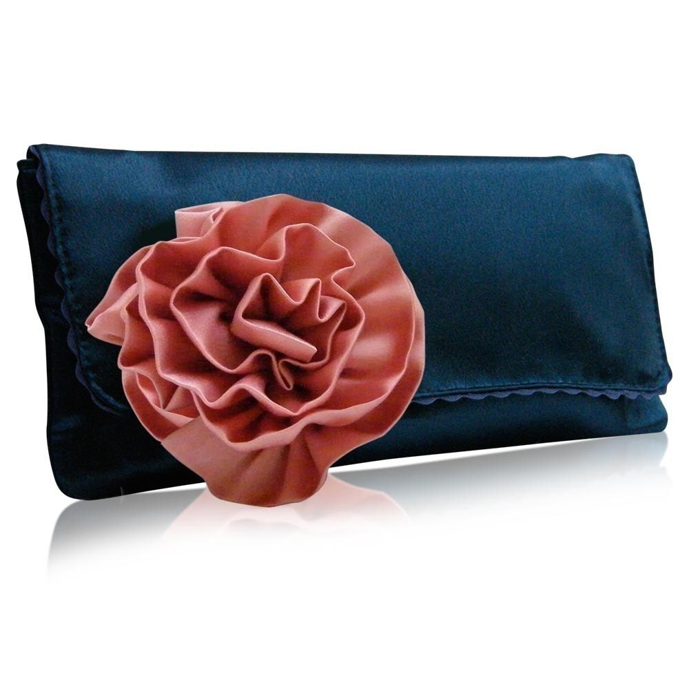 Navy and peach satin Georgia clutch bag