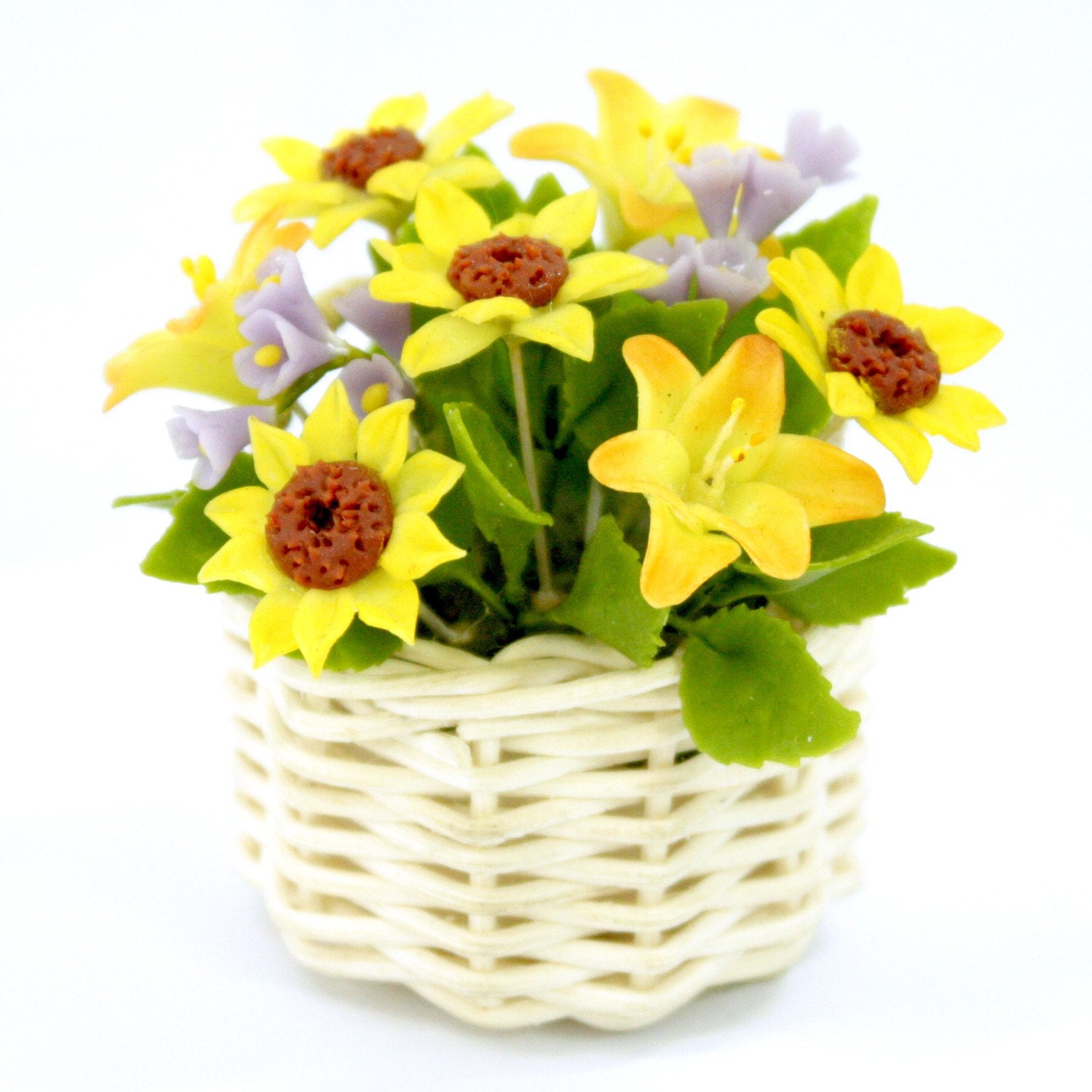 Miniature Golden Sunflowers and Tiger Lily Polymer Clay Flowers in Basket