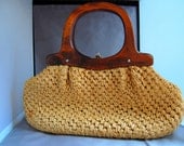 50s Raffia Straw Woven Handbag Purse Wood Top Handle