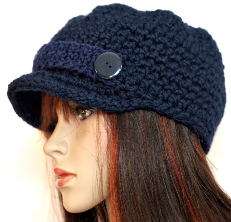 Hat - Navy Blue Newsboy Cap with Visor Brim, Band and Button - comfy warm wool blend thick chunky unisex