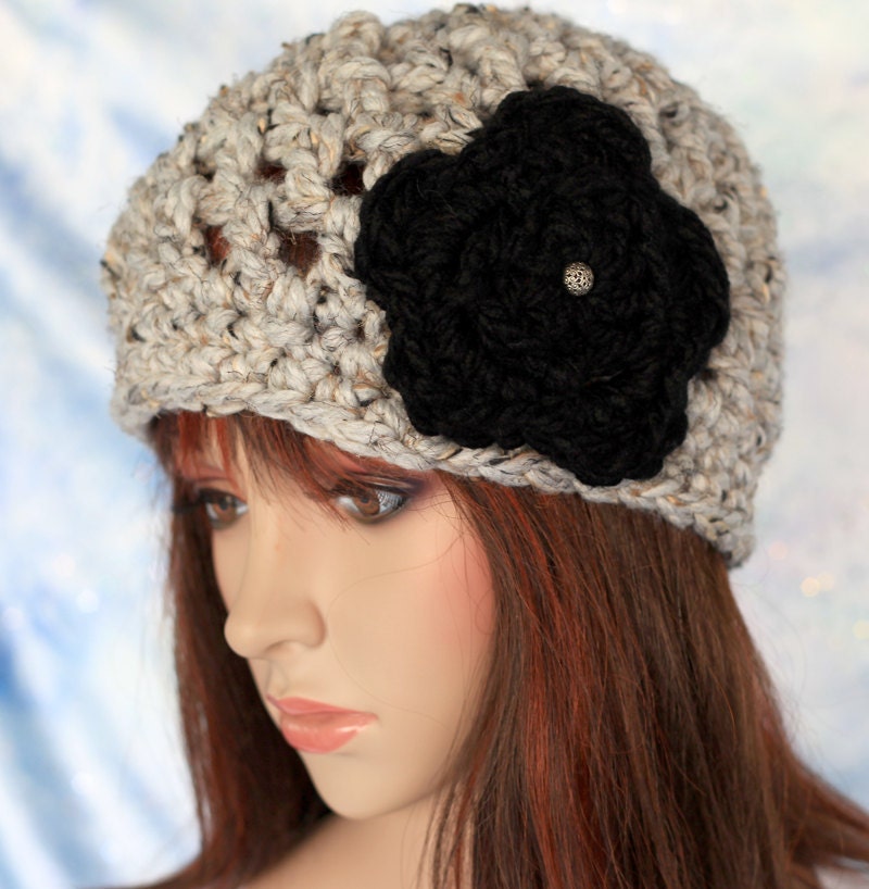 Hat - Oatmeal with Black Flower - Open Weave Thick and Warm Beanie Cloche Hat Beret Cap