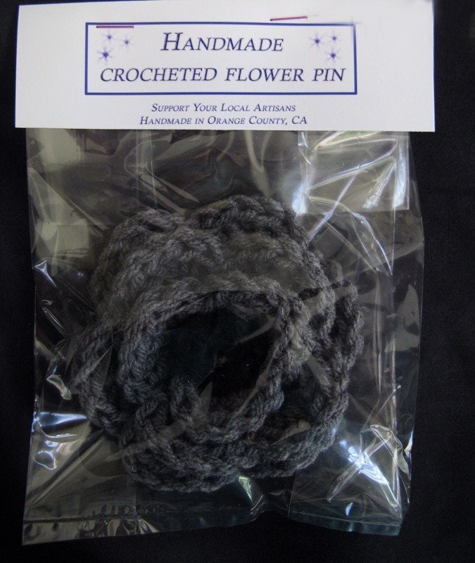 Crocheted Flower Pin - Gray and Black - Large