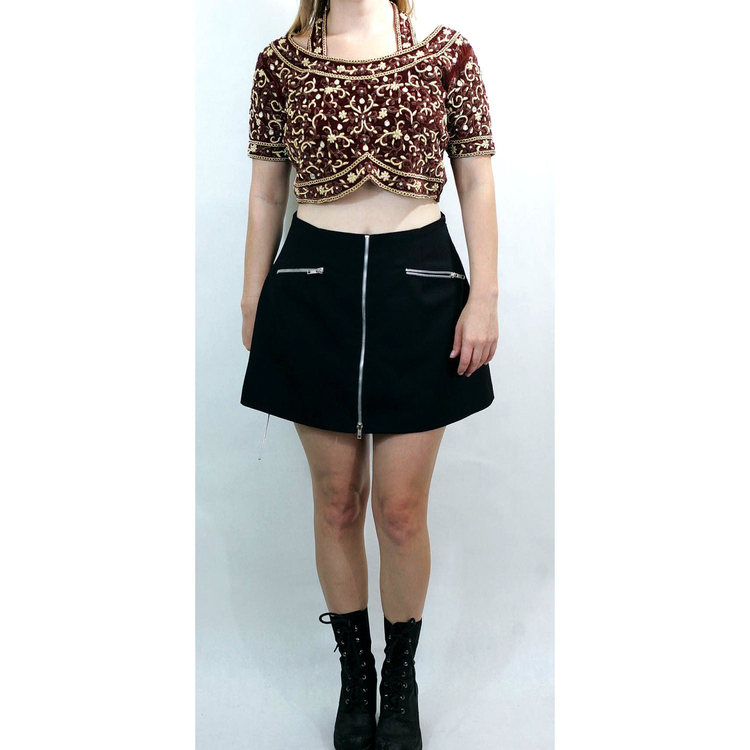 SALE Vintage Indian Cropped Velvet Blouse Wtih Glass Rhinestone Buttons and Gold/Maroon Rope Embellishment