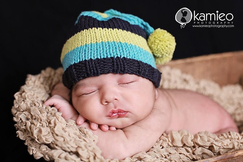 Infant Newborn Baby Boy Striped Beanie Hat with pom poms Photo prop