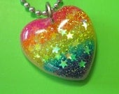 Resin Rainbow Glitter Pendant - Neon Rainbow Love Heart Stripe