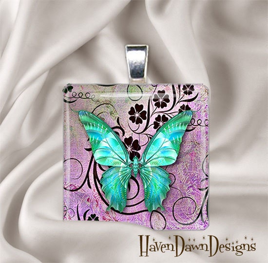 Butterfly (Aqua) Glass Tile Pendant Charm