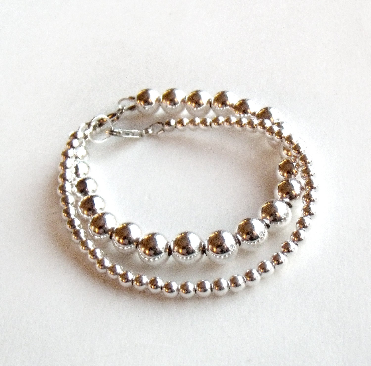 Set of Two (2) Tiffany Inspired Bead Bracelets in Sterling Silver - 4mm and 8mm Rounds
