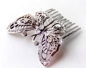 Butterfly Comb - Vintage Style Brooch - Silver Rhinestone - Outdoor Wedding Forest Beach