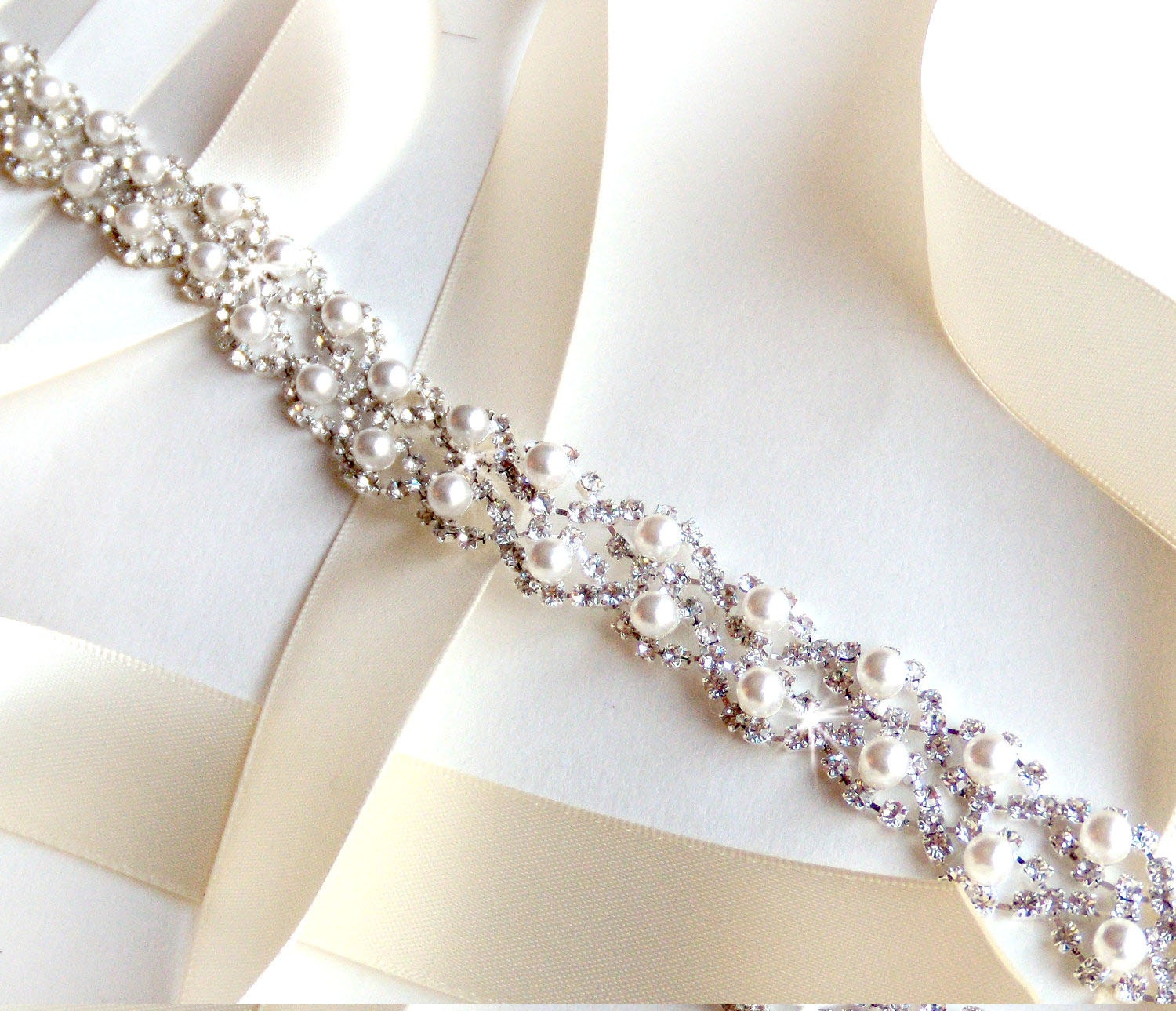 Crystal Pearl Weave Bridal Belt Sash - White Ivory Silver Satin Ribbon - Rhinestone Pearl - Wedding Dress Belt - Extra Long