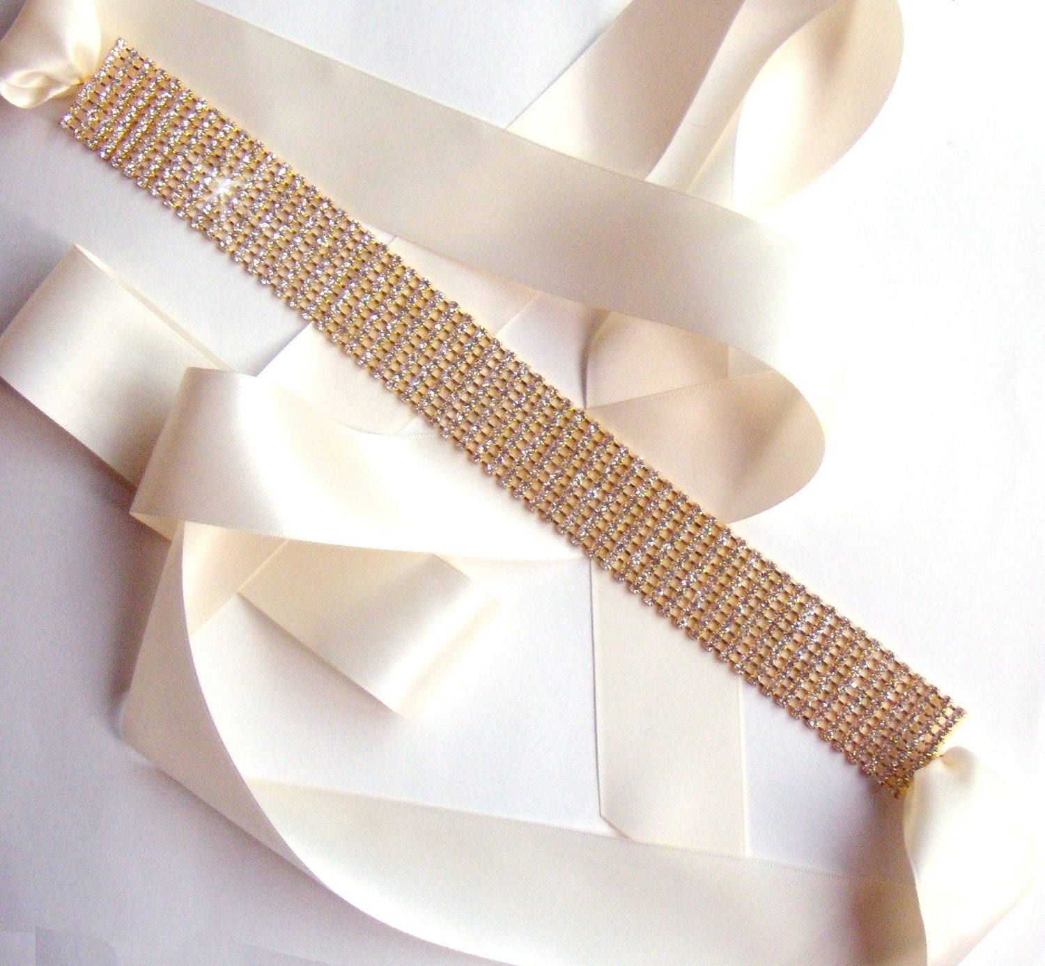 Gold Wedding Dress Sash or Headband - Custom Satin Ribbon - Extra Long Crystal Bridesmaid Belt Sash, Wide Bridal Belt Sash