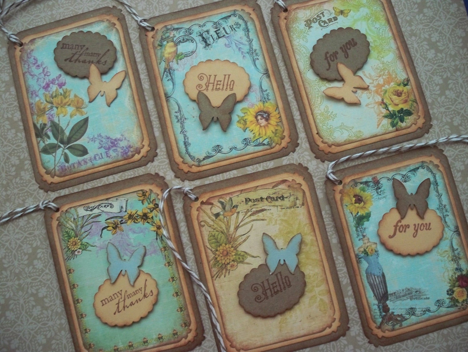 Vintage gift tags Sunflowers Butterflies Handstamped Vintage Style Floral Tags thank you hello - set of 6