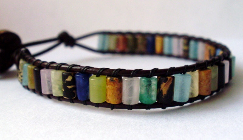 Leather wrap bracelet - tiny rainbow mixed stone with button closure