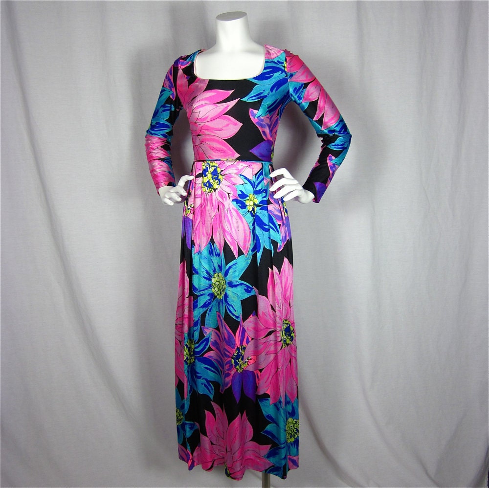 25% Off Storewide Sale // Vintage 60s 70s Color Explosion Mod Maxi Dress, Sz S