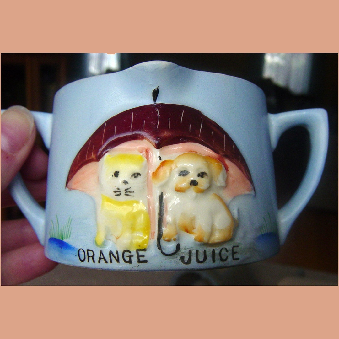 Vintage Orange Juice Cup Japan Raining Cats and Dogs