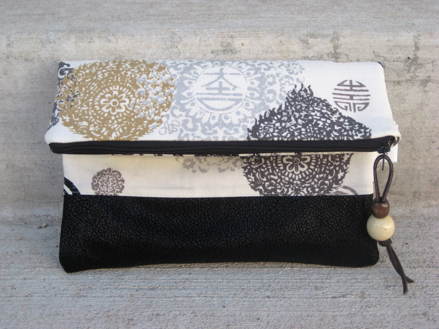 Clutch - Asian Print - Vegan Leather Bottom - Purse - Fold over Clutch