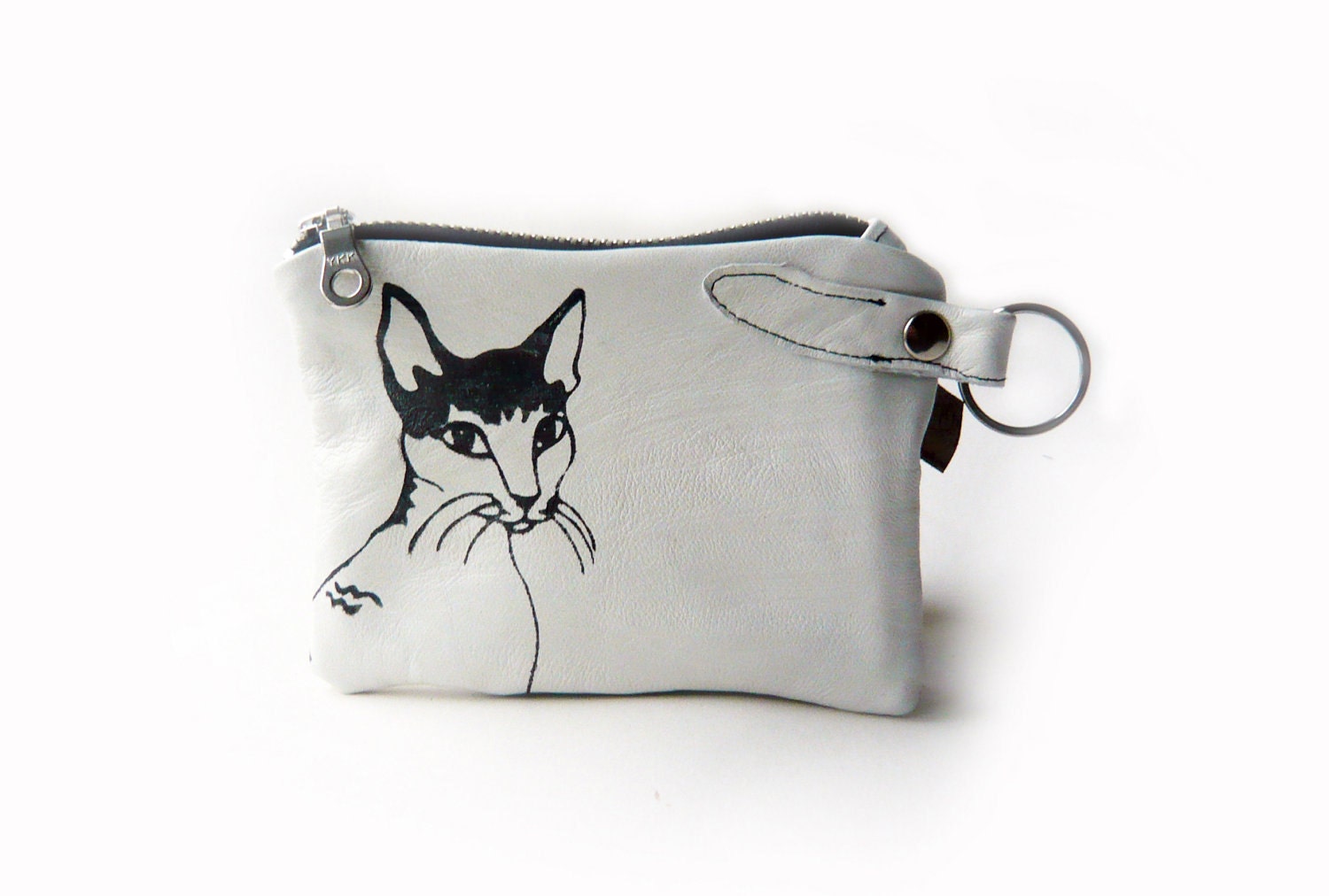 leather wallet white cat screenprint pouch zippered