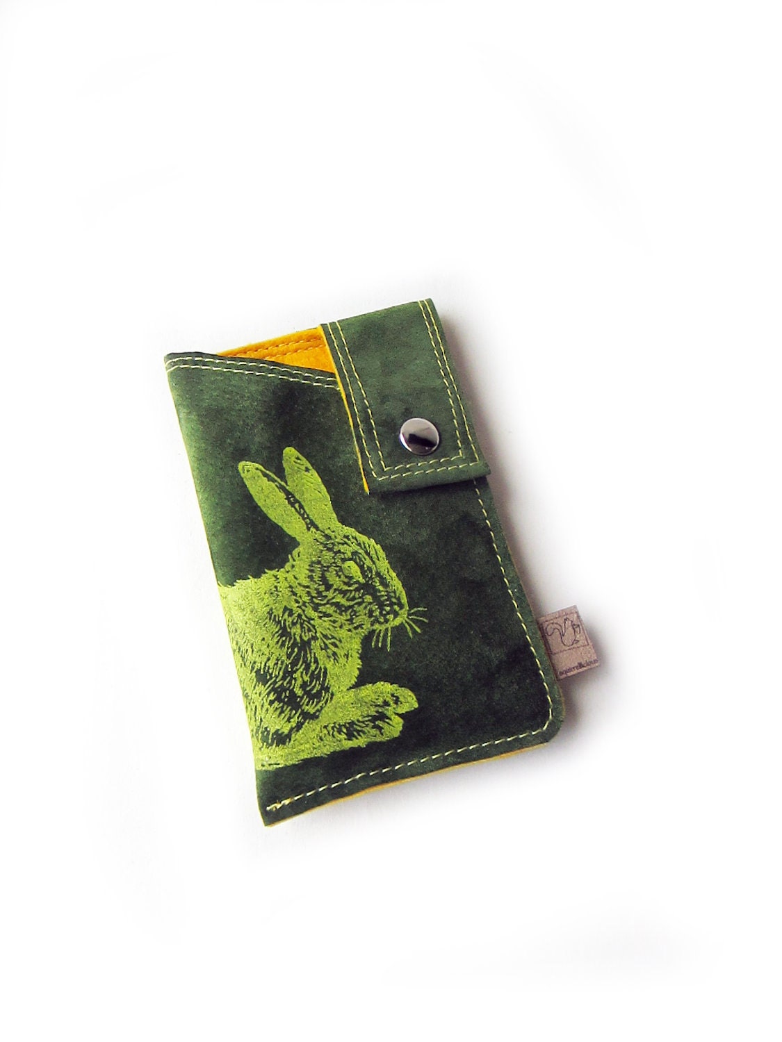 green leather cellphone case rabbit screenprint suede sleeve