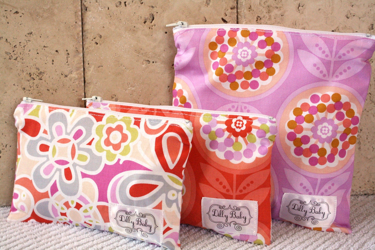 NEW - Eco Friendly - SET of Reusable Snack and Sandwich Bags - Mosaic Set -  Zip Closure - ZIPPERED Pouch