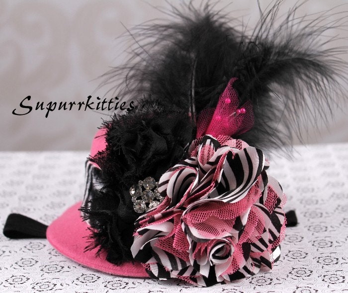 Pink Baby Mini Top Hat - Baby Flower Hat/Headband Fascinator - Zebra Mini Top Hat - Toddler/Girl Feather Top Hat for Pageant, Photo Prop