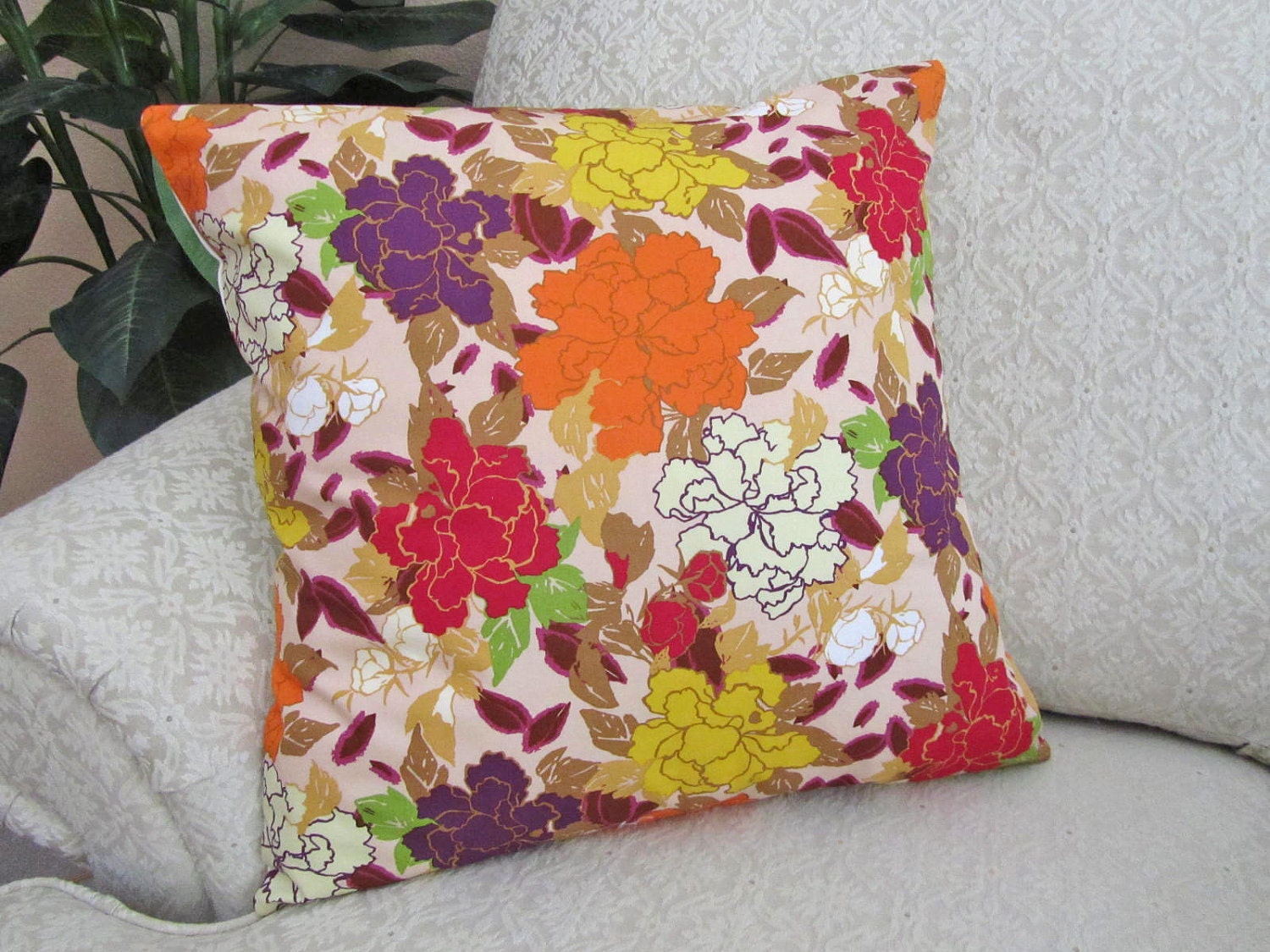 Floral Cushion Throw Pillow Cover Decorative Magenta Purple Orange Yellow 18 x 18 Bohemian Soul