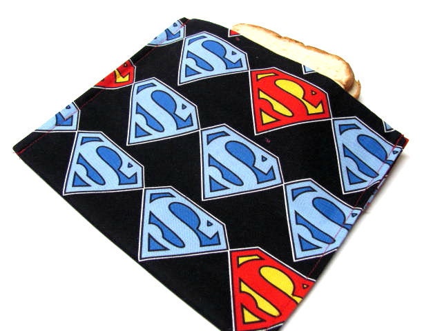 Reusable Sandwich Bag, Superman,  Man of Steel, Large Size, Lunch Sack, Lunch Kit, Eco Friendly and Ready to Ship