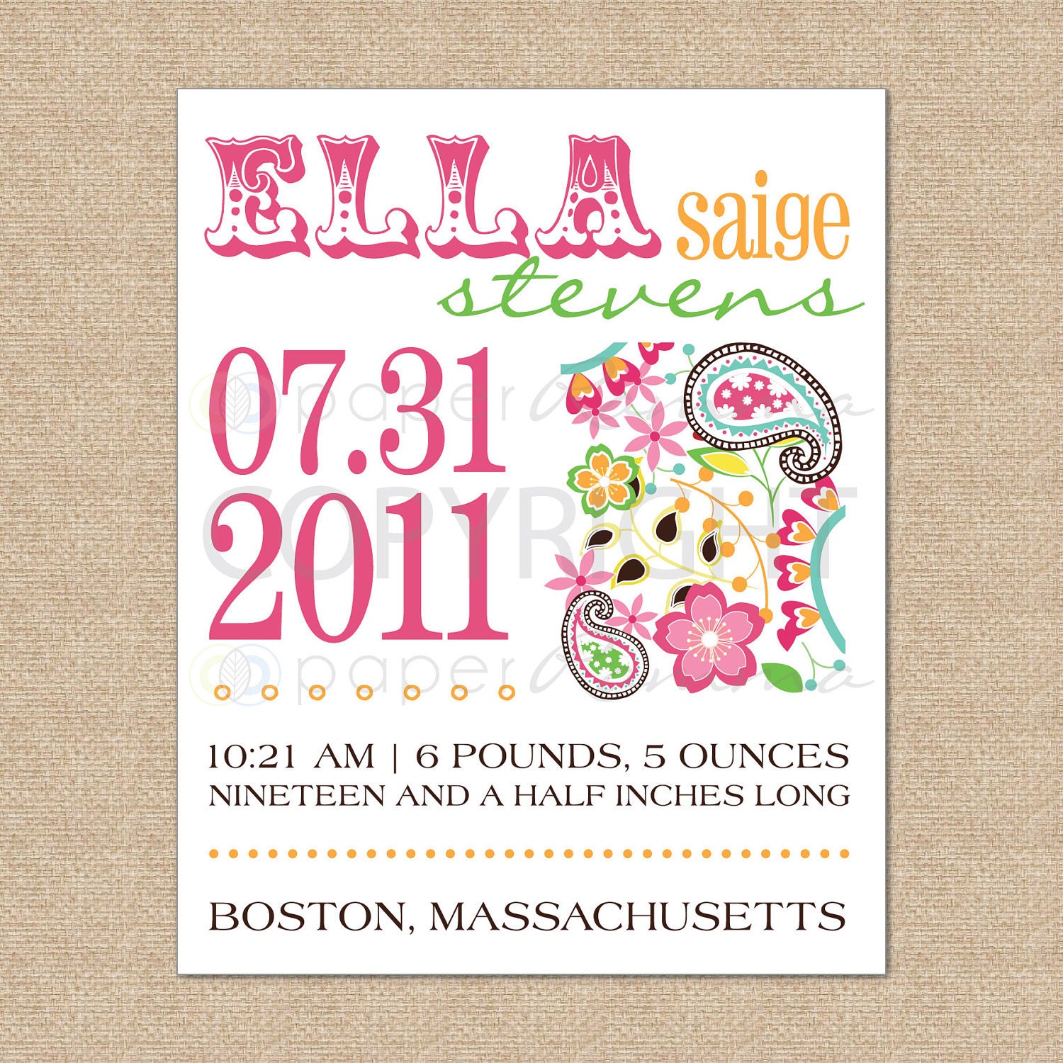 Personalized Birth Announcement Art Print, Style: Paisley, matches PBK Petite Paisley Nursery Bedding Set - 8 x 10