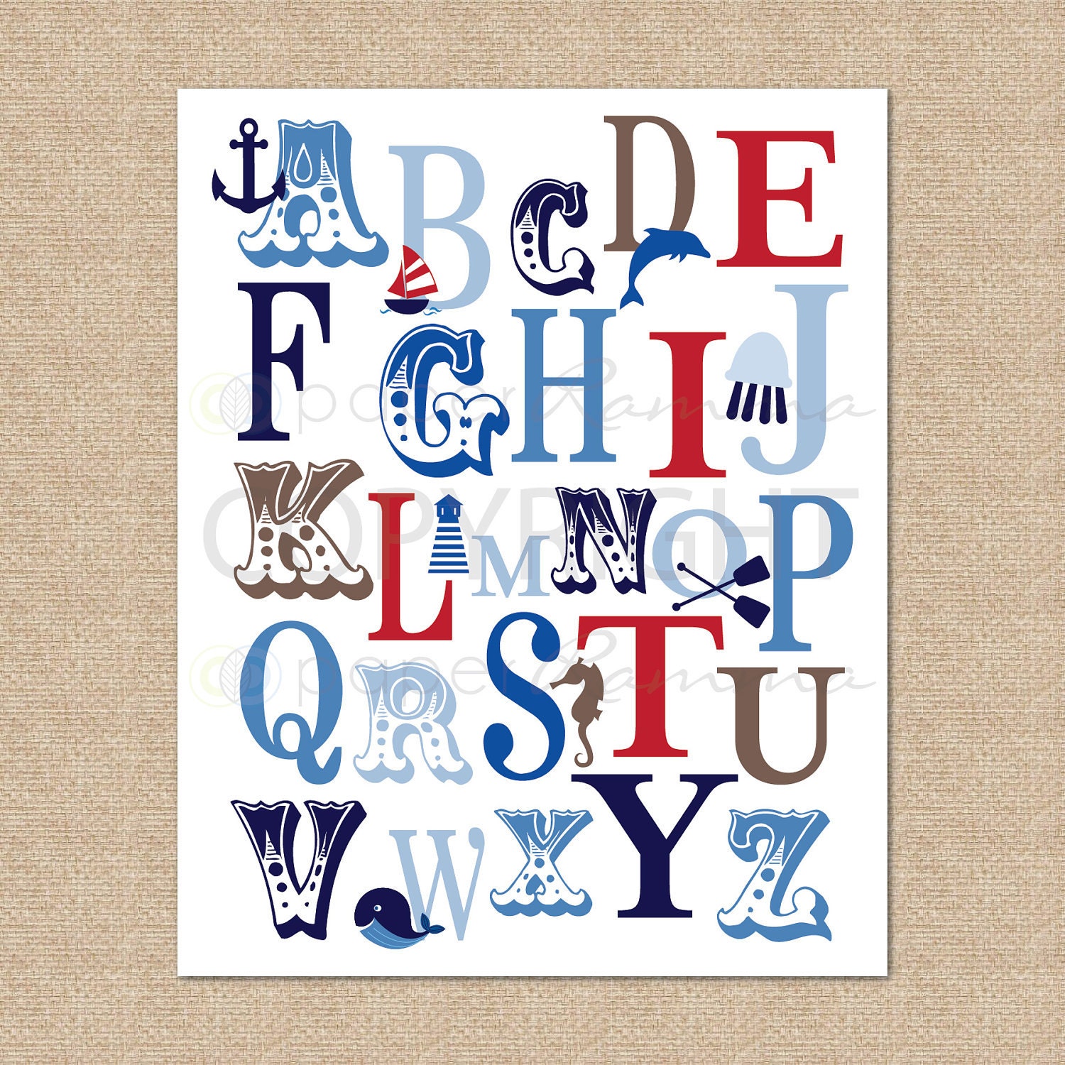 ABC Typography Art Print Ocean Nautical, RWB - 8x10 - Giclée Art Print for Nursery / Child's Room
