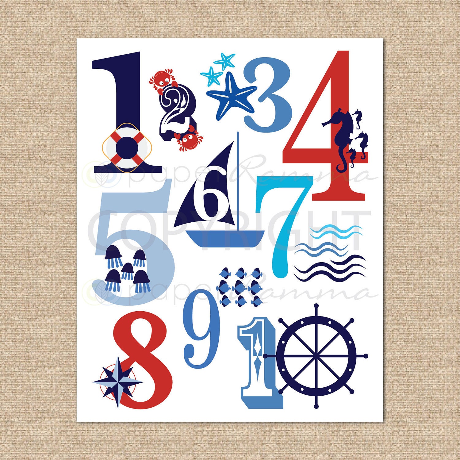 123 Typography Art Print Ocean Nautical, RWB - 8x10 - Giclée Art Print for Nursery / Child's Room