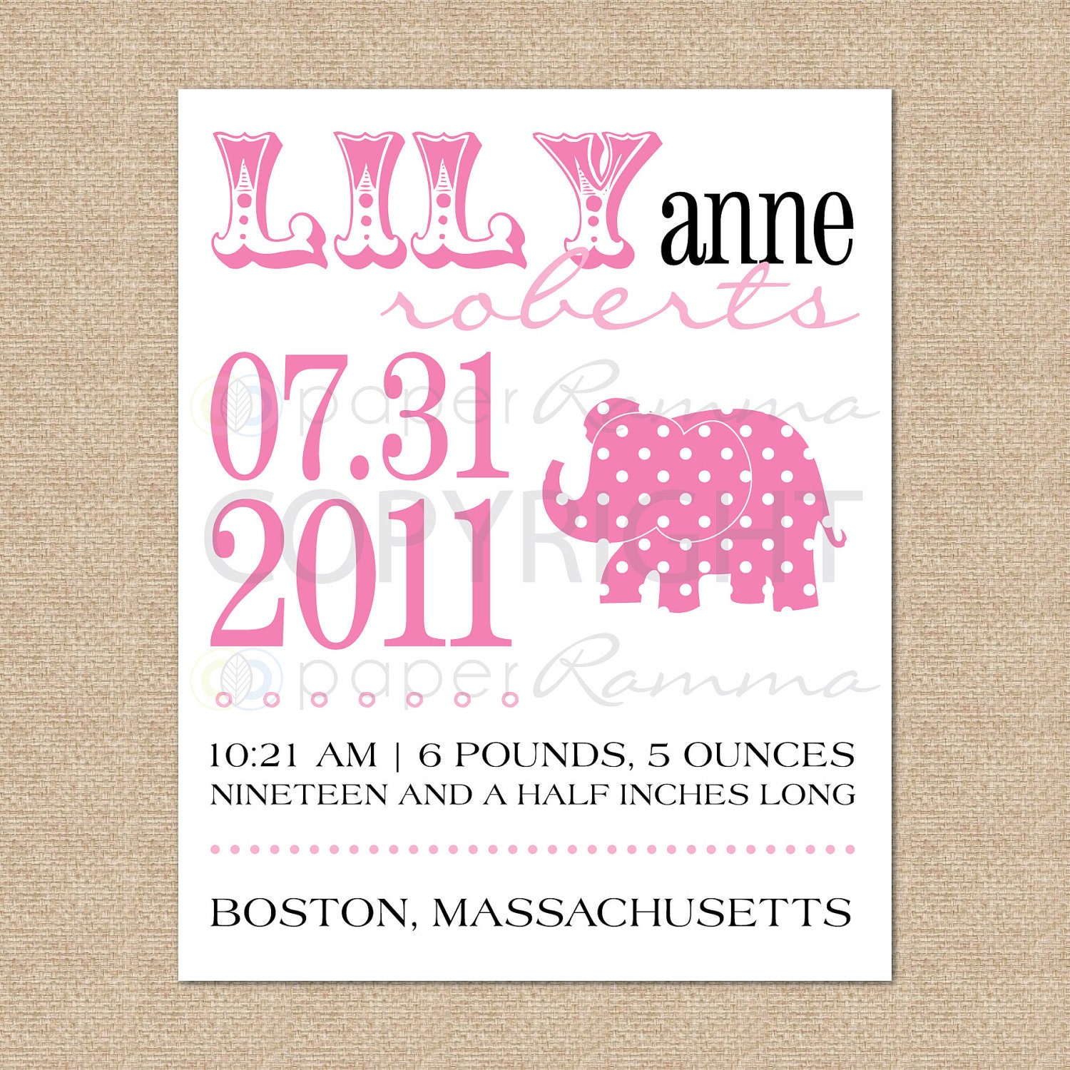 Elephant Birth Announcement Giclée Art Print - matches PBK Harper with Elephant Nursery Bedding Set, 8x10