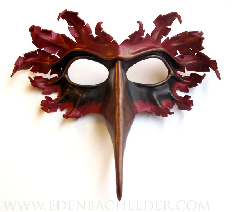 Cardinal bird mask, hand-molded leather, hand-painted in scarlet red, black, and bronze