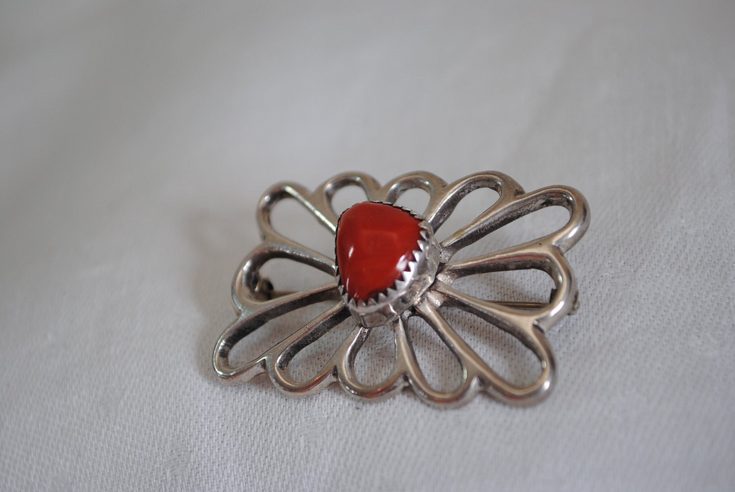 Vintage Silver and Coral Navajo Pin Signed F