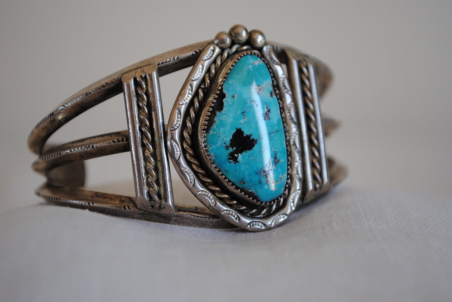 Vintage Silver and Large Turquoise Stone Cuff Bracelet