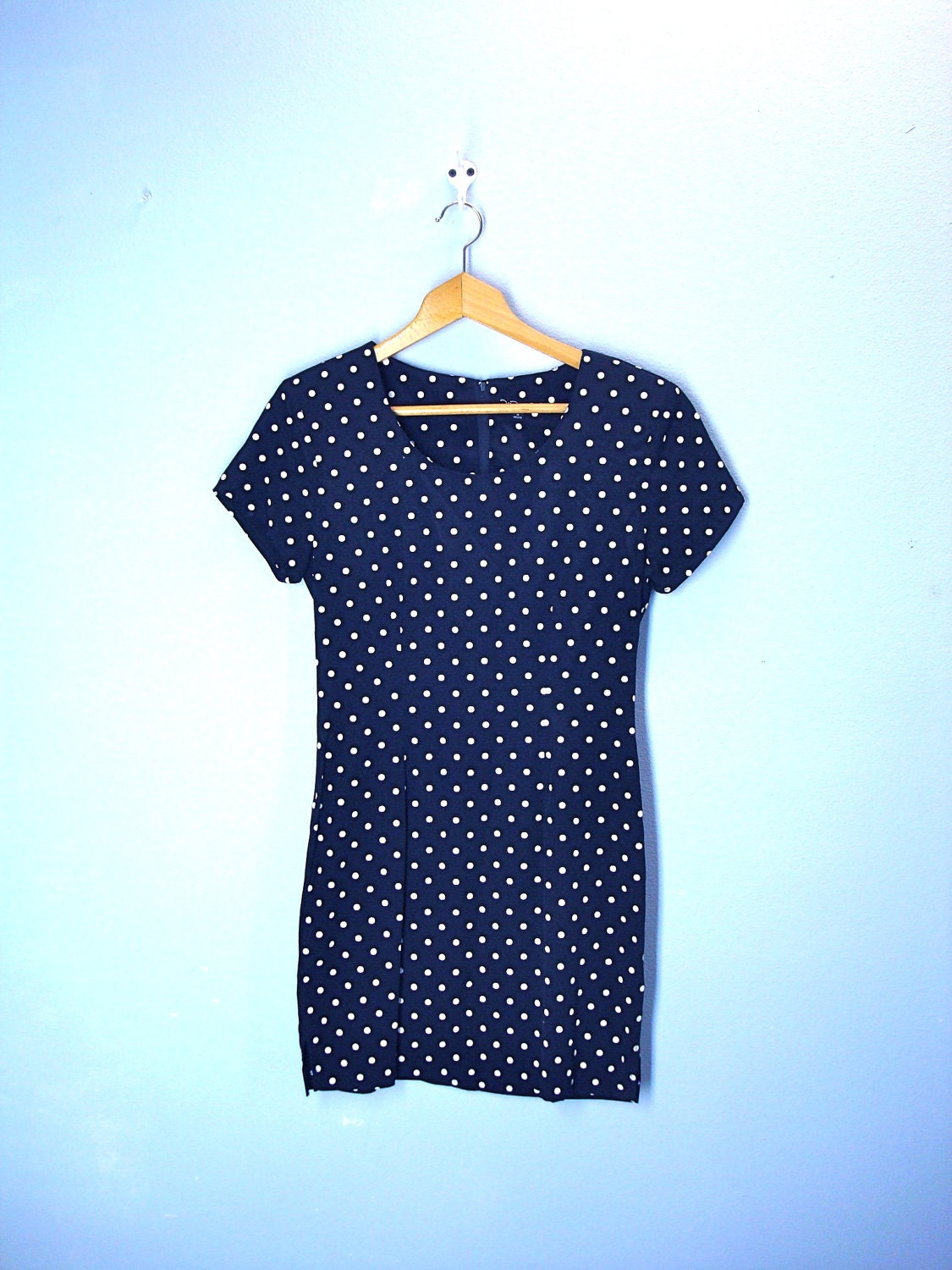 Black Polka Dot Dress / 1980s Fitted Dotted Mini Dress / small