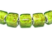 Square Green Gold  glass bead fits European bracelets earrings necklaces glass silver core large hole lampwork bead charm